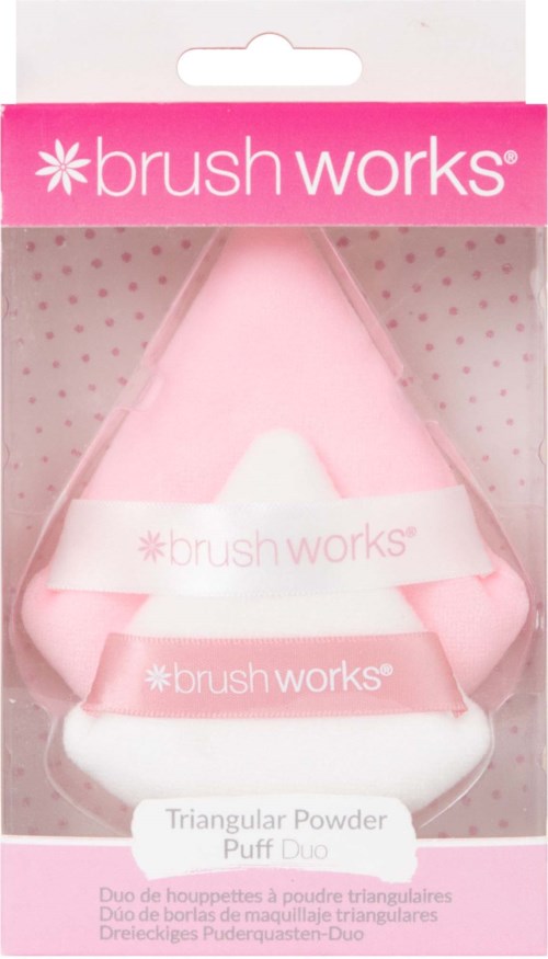 Pink packaging contains triangular makeup sponges labeled 'brush works' and 'Triangular Powder Puff Duo' for applying makeup.
