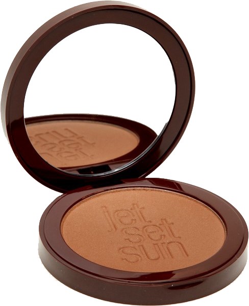 Brons-kleurige make-up compact met spiegel en gegraveerde tekst op het poeder.