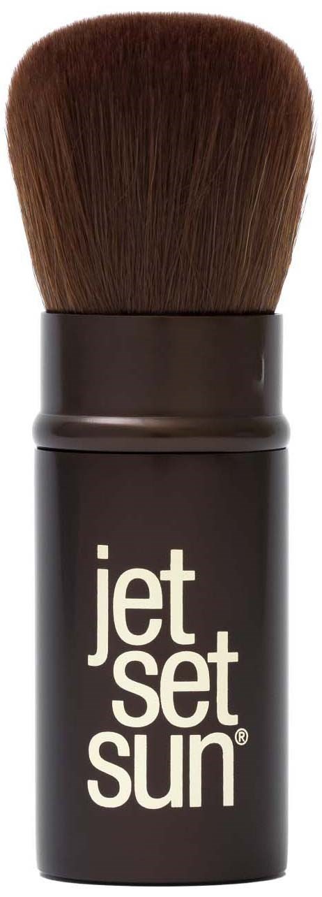 Make-up kwast met zwarte handvat met de tekst 'jet set sun' en bruine haren.