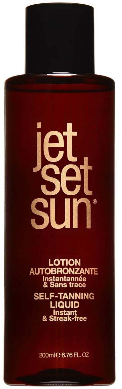 Donkerrode fles met zelfbruinerende lotion en zwarte dop, gelabeld 'Jet Set Sun' en productgegevens.