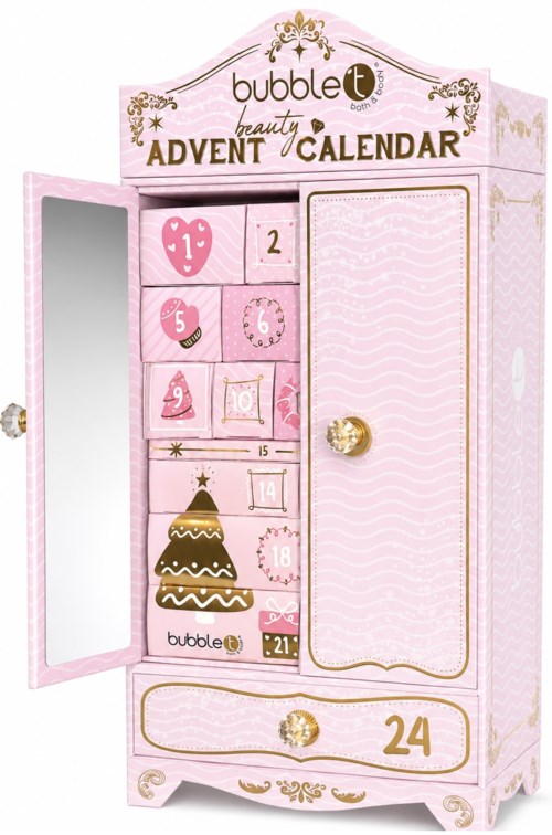 Rosa adventskalender med nummererte luker, et speil og en julegranen illustrasjon på den nederste døren.
