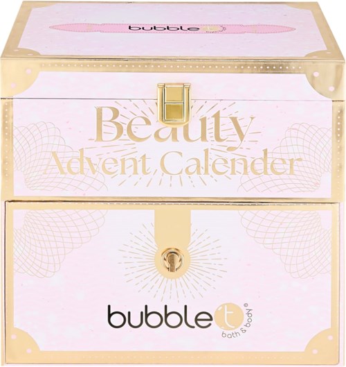 Vaaleanpunainen ja beige kauneusadventtikalenteri laatikko, jossa on kultainen lukko, merkinnöillä 'bubble' ja 'bubble t'.