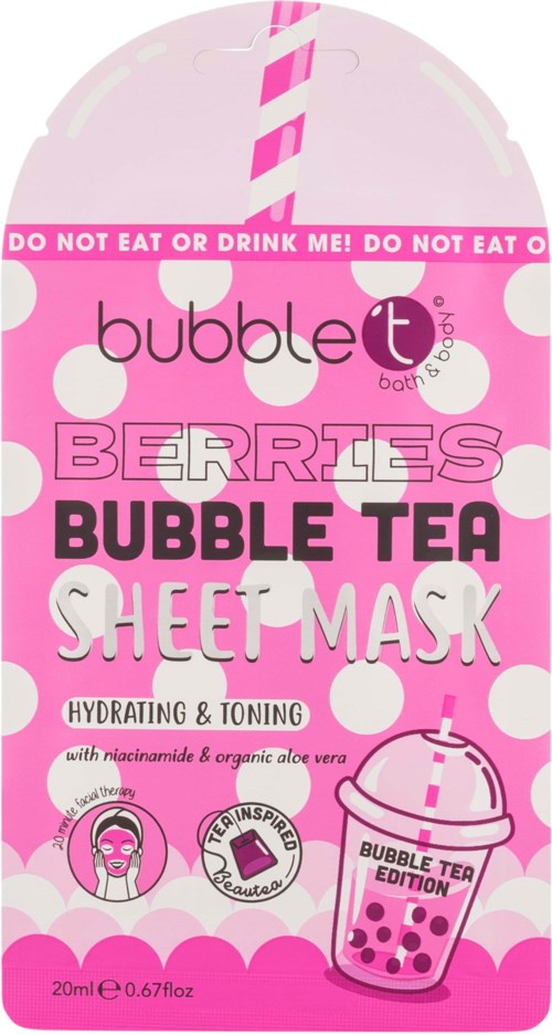 Pinkki pakkaus, jossa on kuplia ja pillistin, mainostaa bubble tea -aateläin kasvonaamiona kosteuttamiseen ja ihon kiinteyttämiseen.