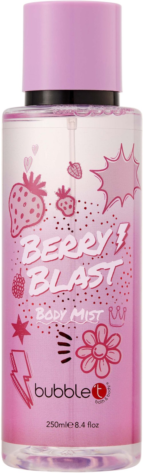 Pink kroppssprayflaska med jordgubbs- och bärillustrationer, märkt "Berry Blast" av Bubble T.