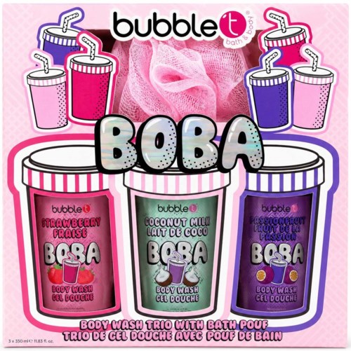Illustrasjon av tre Bubble Boba kroppsvasker i rosa, grønt og lilla med matchende drikkebilder og badepute.