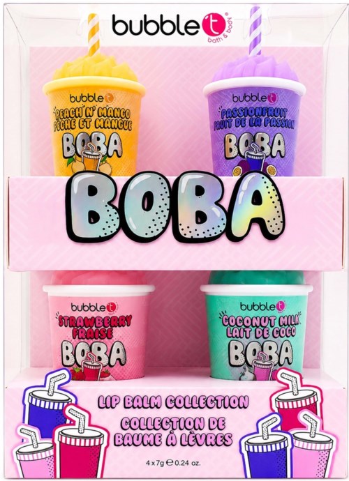 Fargerik utstilling med fire bubble leppepomader med ulike fruktdufter og morsomme design.
