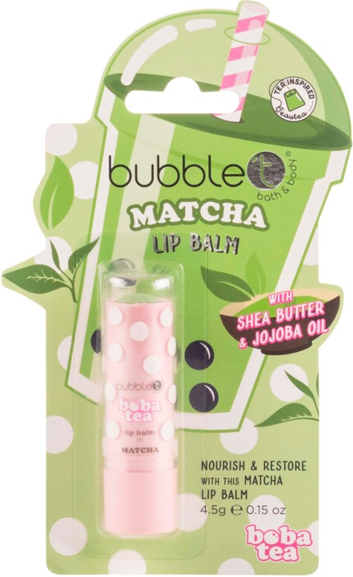 Matcha-huulivoide, jossa sheavoi ja jojobaöljy, sävyltään vaaleanpunainen, ravitsee ja palauttaa huulet.