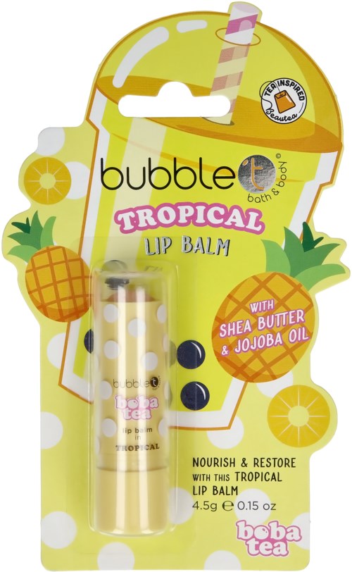 Trooppinen huulivoide keltaisessa pakkauksessa, jossa ananas, sitruuna ja kookoskuvitukset, sisältää sheavoita ja jojobaöljyä.