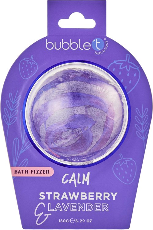 Kylpyossa, jossa rauhoittava mansikka- ja lavendelscentti, violettipakkaus. Siinä on läpinäkyvä, pyöreä etu.