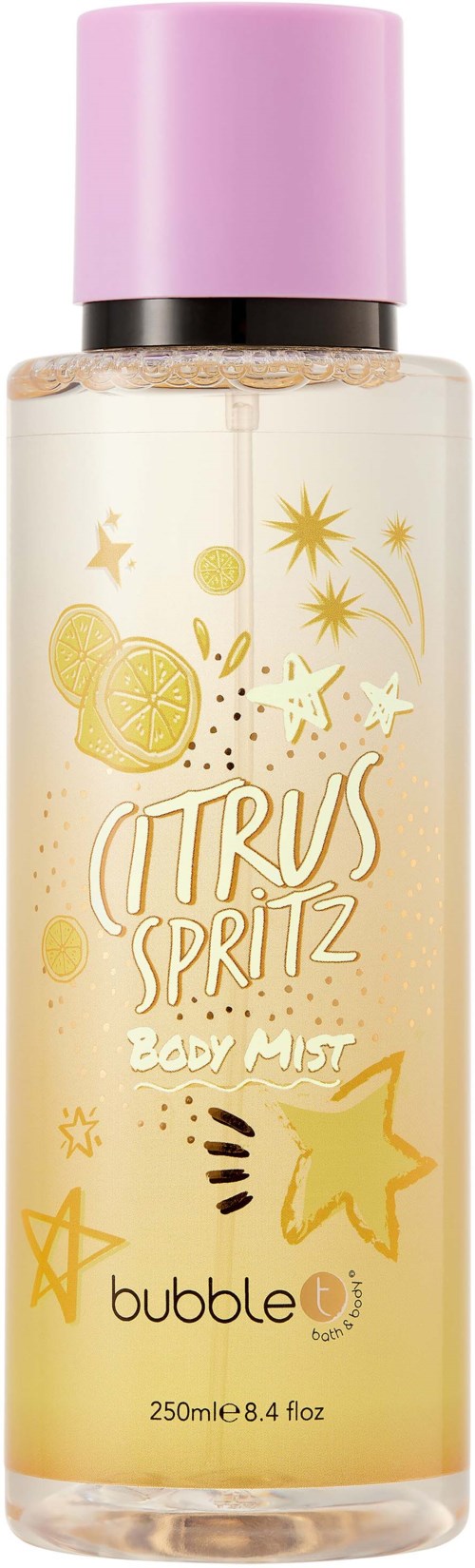 En kroppssprayflaska med rosa lock, dekorerad med citron, stjärnor och glittrar, märkt 'Citrus Spritz' och 'Bubble T'.