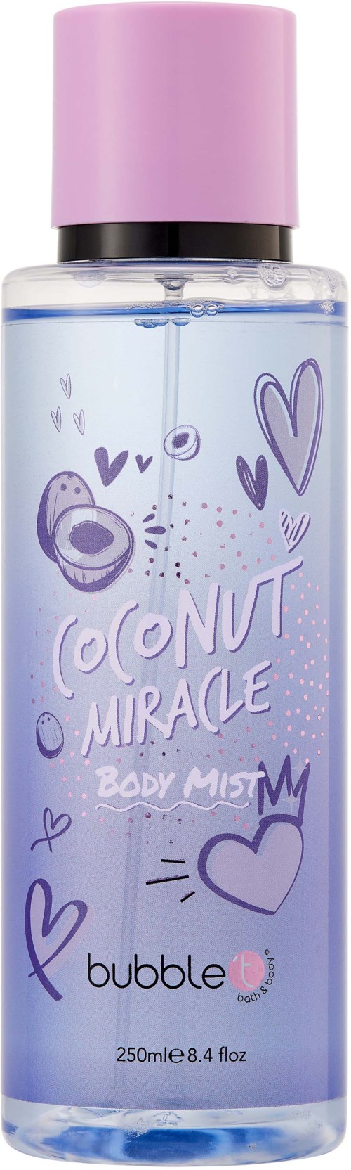 En tydlig kroppssprayflaska med lila och blå dekorationer, rosa lock och etiketten 'Coconut Miracle Body Mist'