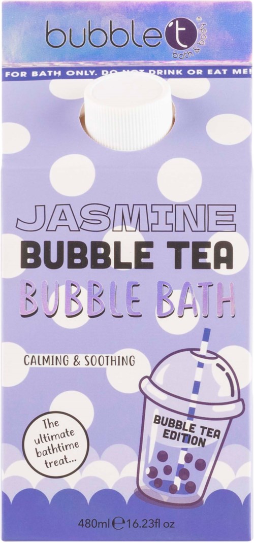 Violetti kylpyvaahtopullo, jossa valkoinen korkki, merkinnällä 'Jasmine Bubble Tea Bubble Bath' ja kuvituksella paikasta.