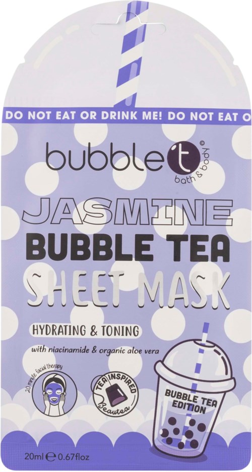Jasminbubbel­tebladmask, återfuktande och toner, med niacinamide och aloe vera, i lila paketering.