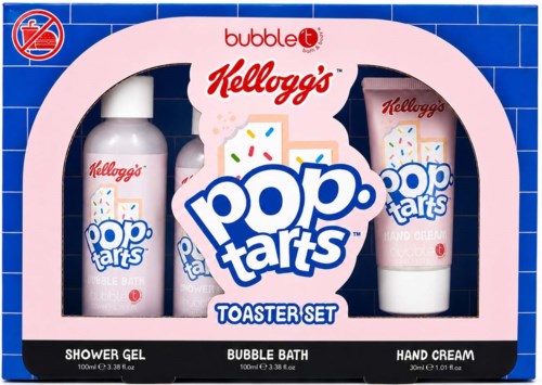 Kellogg's-tema barns hygieneproduktsett med tre beholdere formet som pop tarts, inkludert dusjsåpe, boblebad og håndkrem.