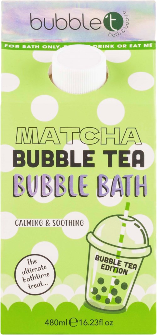 Grön förpackning med vita prickar, visar en bubble tea, och nämner matcha smak och lugnande effekter.