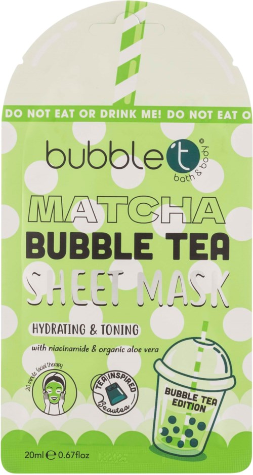 Vihreä ja valkoinen bubble tea -arkinaamio pakkaus, jossa esitäytetty juomapilli, korostaa kosteuttavaa ja sävyttävää vaikutusta.