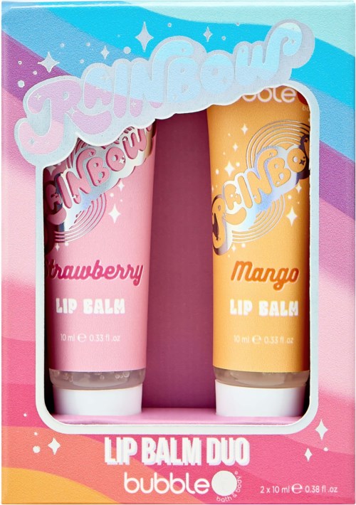 Två tuber läppbalsam i rosa och orange förpackning, märkta 'Strawberry' och 'Mango', i färgglad box.