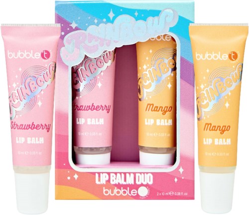 Färgglad förpackning med läppbalsamtuber i rosa och gult, med smaker som jordgubbar, mango och bär.