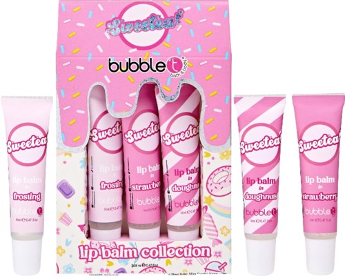 Ruusukultainen neljän huulirasvan setti värikkäässä paketissa, nimeltään 'Lip Balm Collection' Sweetetiltä.