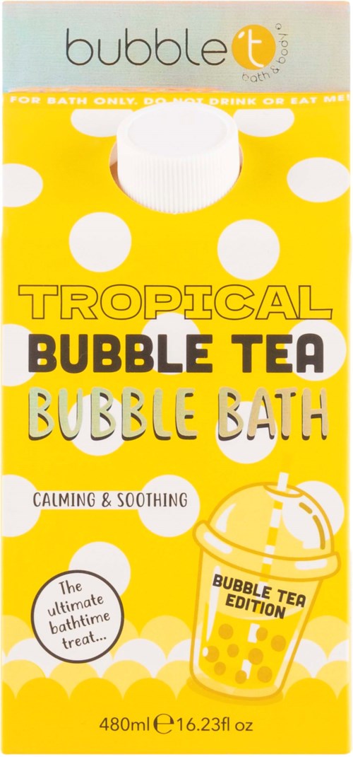 Keltainen laatikko, jossa valkoisia pilkkuja, kuva bubble teestä ja tekstiä kuten "Tropical Bubble Tea" ja "Bubble Bath."