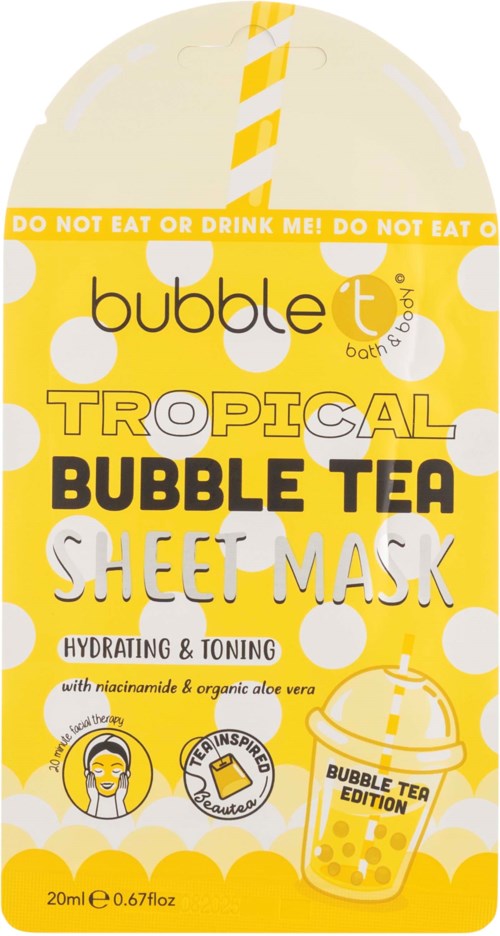 Keltainen pakkaus pilkuilla, kuvitus bubble tea -kupista ja päällekirjoitettu teksti trooppisesta bubble tea -naamiaisesta.