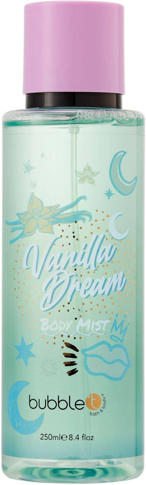 Pullo, jossa lukee "Vanilla Dream" vaaleanpunaisella korkilla, ja sen koristeena tähtiä ja kuvia.