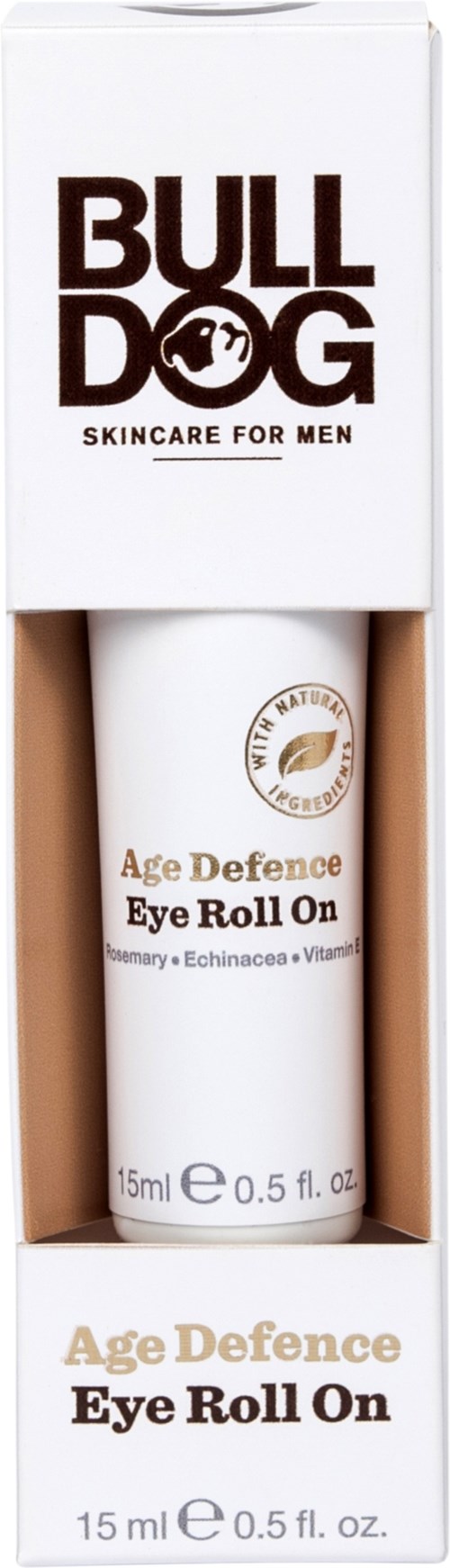 Ein Hautpflegeprodukt für Männer, namens Bulldog Age Defence Eye Roll On, in weißer Verpackung mit braunem und goldenem Text.