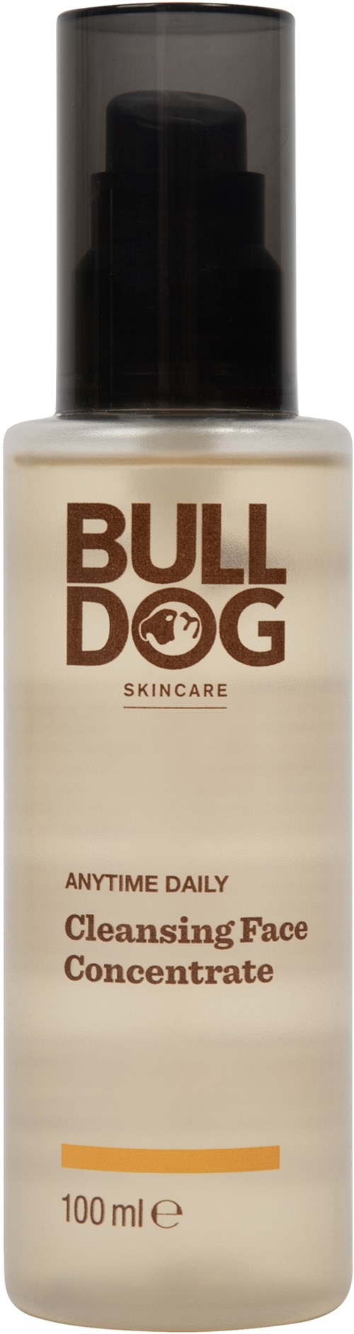 A white bottle with a black cap, labeled Bulldog skincare cleansing face concentrate, 100 ml.