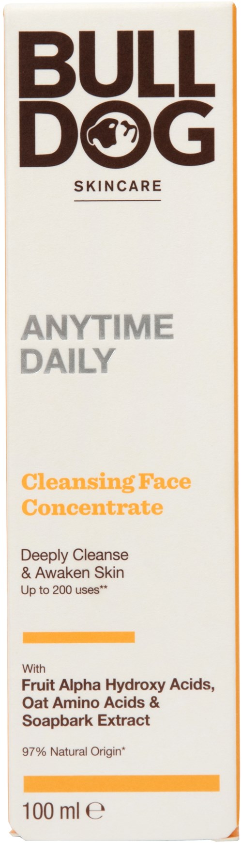 Skincare product labeled Bulldog, with face wash details and natural ingredients listed.