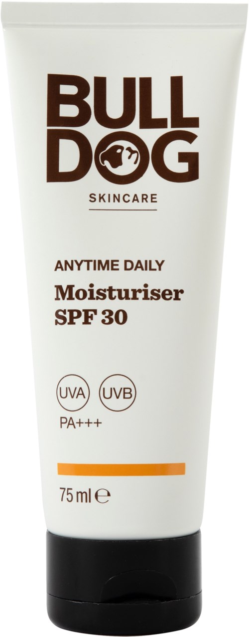 En hvit tube med Bull Dog hudpleie fuktighetskrem med SPF 30, 75 ml, med svart og brunt tekst og en logo.