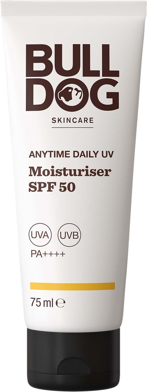 Een witte en zwarte tube met BULLDOG huidverzorgingsmoisturizer met SPF 50, met UVA en UVB logo's.