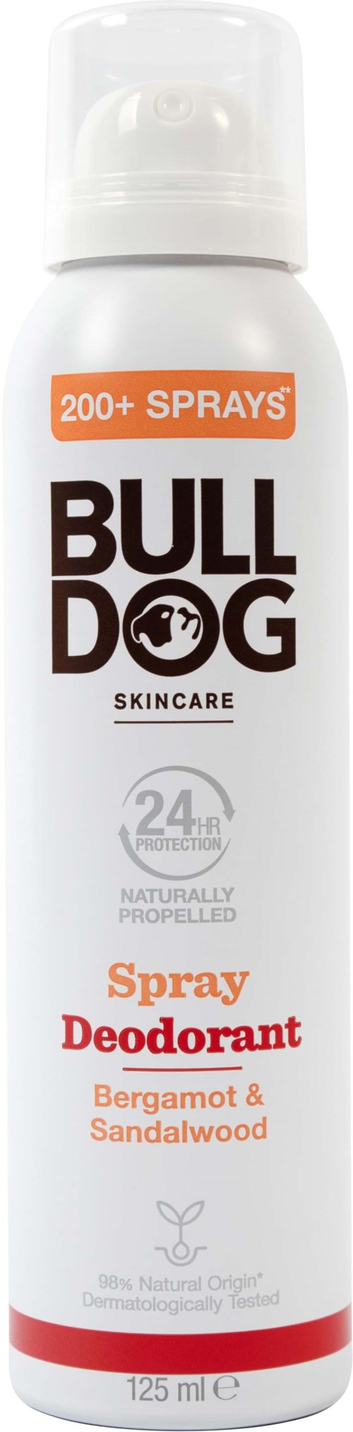 En hvit spraydeodorantflaske merket 'Bull Dog Skincare' med duftnoter av bergamot og sandeltre.