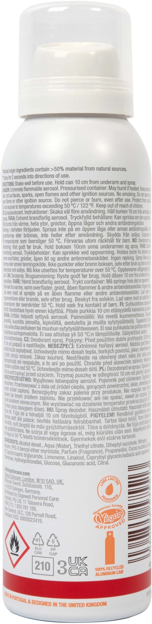 En lang, hvit sprayflaske med etikett med liten tekst og advarselssymboler.