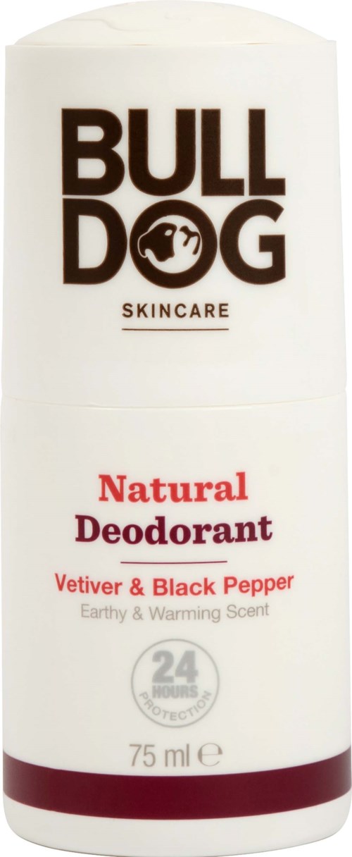 Valkoinen pullovesi Bulldog Skincare -luonnollinen deodorantti vetiveriä ja mustapippuria, 75 ml, päivittäiseen käyttöön.