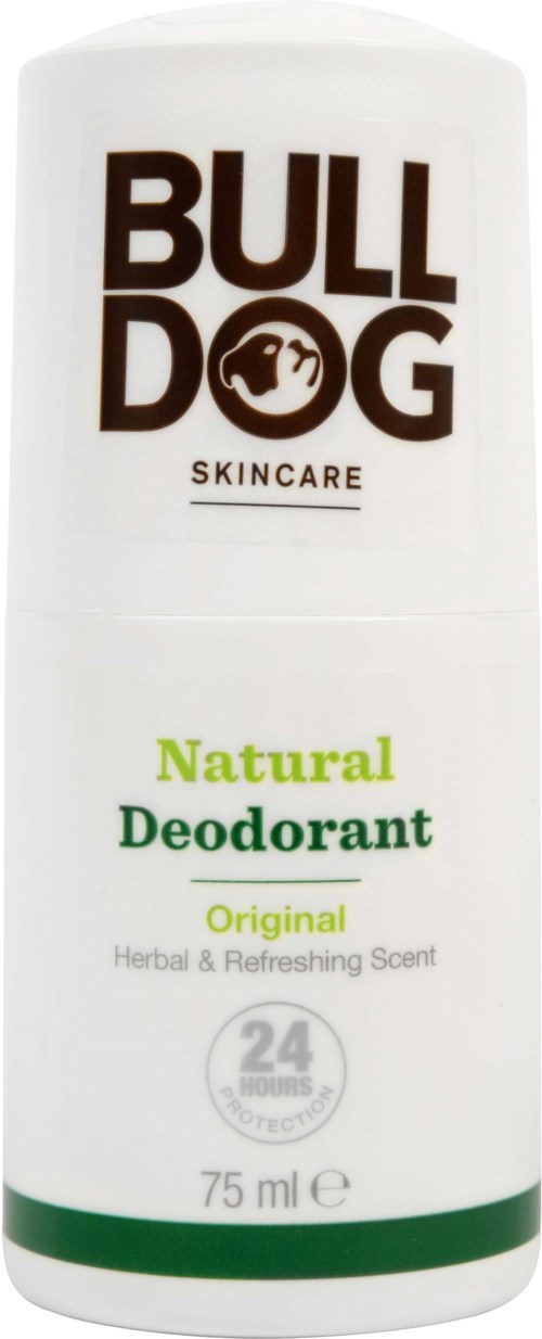 A white bottle labeled 'Bulldog Skincare' with green and black text, for natural deodorant, 75 ml.