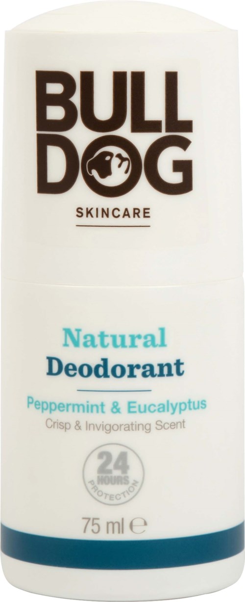 Valkoinen deodorantti, jossa lukee 'Bull Dog Skincare' ja muita tekstejä luonnollisesta tuoksusta. 75 ml.