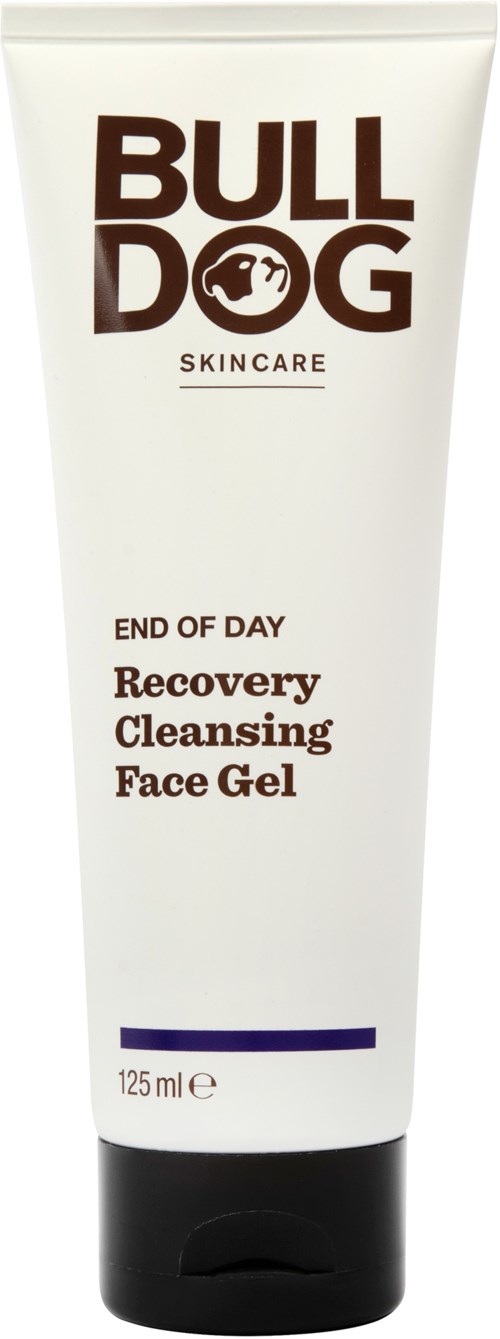 A white tube of Bulldog skincare face gel with black cap, labeled as recovery and cleansing, 125 ml.