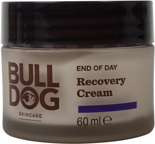 En burk med Bulldog Recovery Cream med svart lock, märkt som 60 ml för hudlindring efter en lång dag.