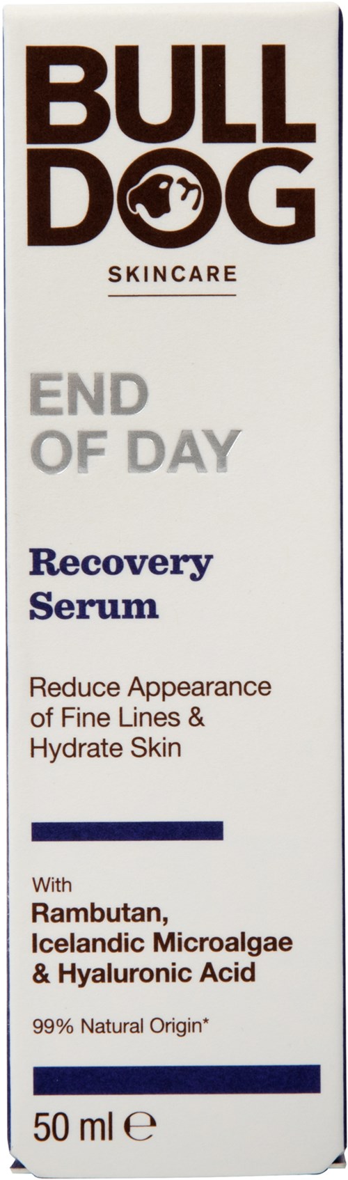 Hyvää ihonhoitotuotteen laatikko nimeltä 'BULLDOG'. Se on nimeltään 'End of Day Recovery Serum' ja sisältää Rambu-tanin ja isländistä mikrolevää.