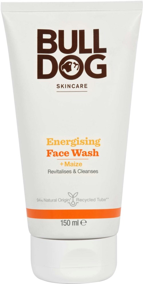 A white tube of Bulldog skincare face wash with orange and brown text, claiming to energize and clean skin.