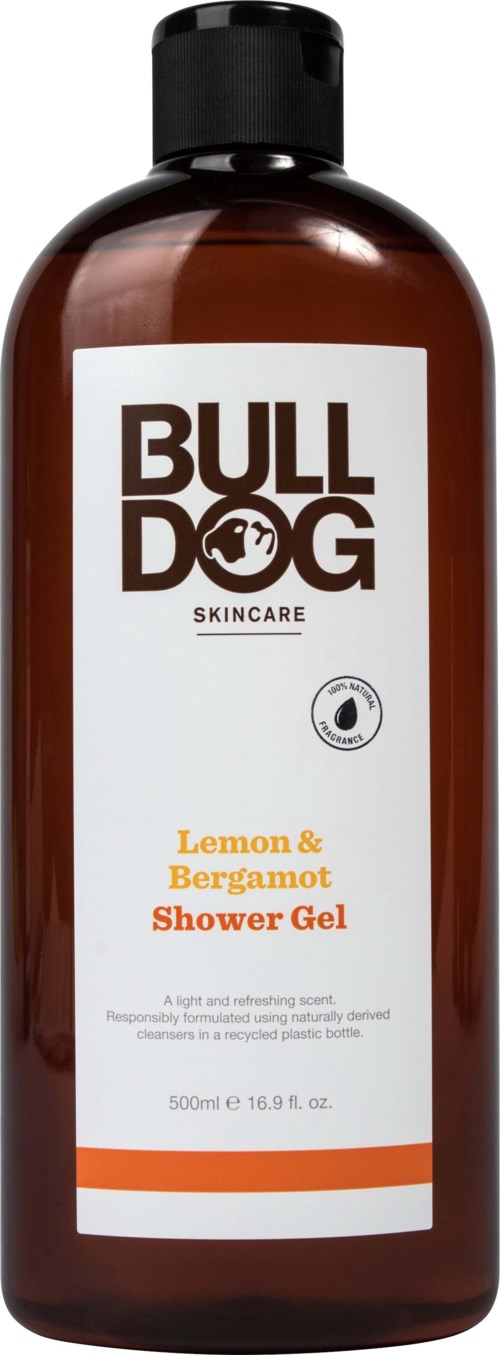A brown bottle with a black cap, labeled Bulldog Skincare Lemon & Bergamot Shower Gel, size 500ml.