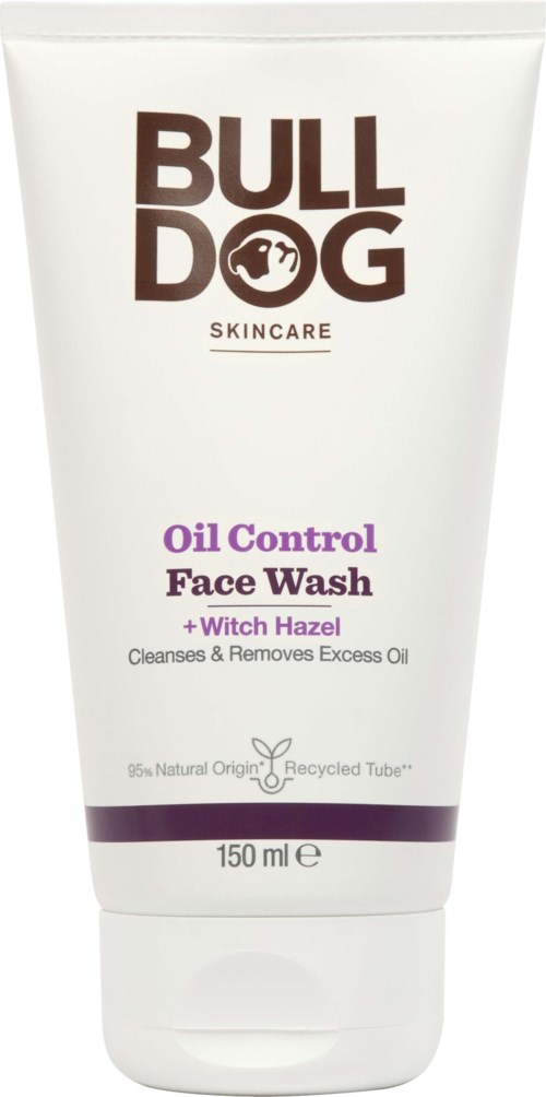 Eine weiße Tube mit Bull Dog Oil Control Face Wash mit Witch Hazel. Sie ist 150 ml groß und zeigt Markenname und Details.