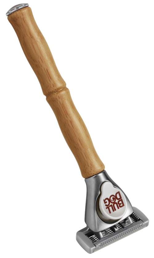 Ein Sicherheitsrasierer mit Holzgriff und Metallkopf, beschriftet mit 'Blue Bird'.