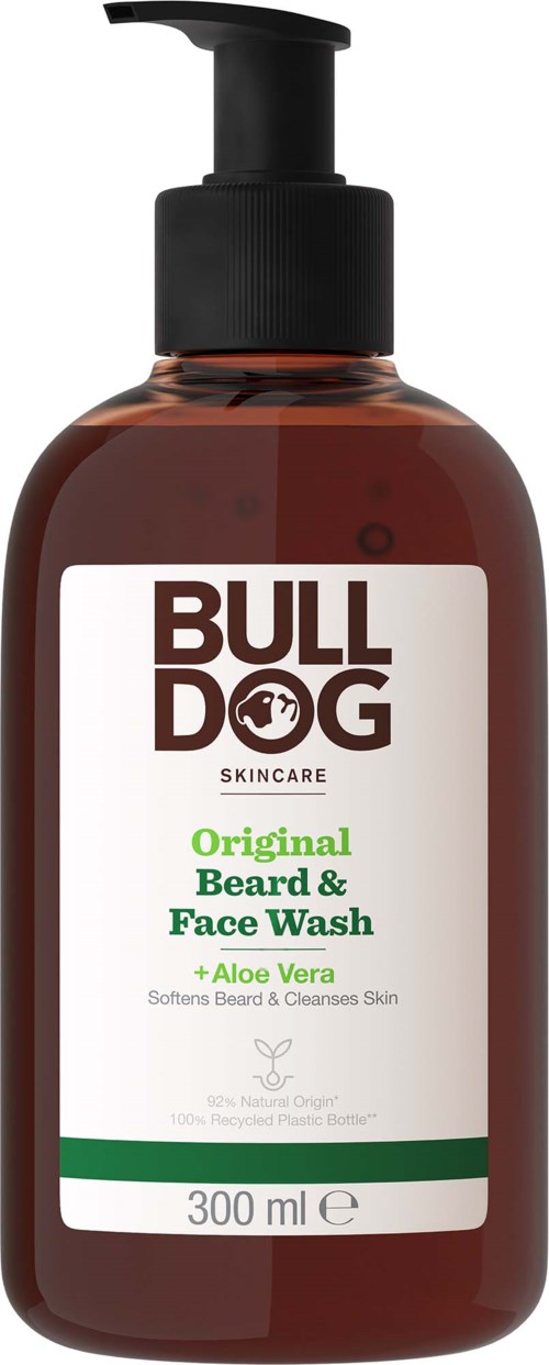A brown bottle with a black pump labeled "Bull Dog Skincare" for beard and face wash, includes aloe vera.