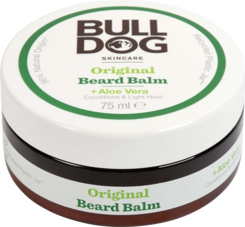 A round container of Bulldog Original Beard Balm with aloe vera inside. It has a white lid and label with green and black text.