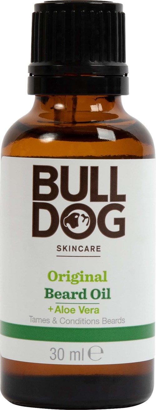 Pieni ruskea pullo, jossa lukee 'Bull Dog Skincare Original Beard Oil + Aloe Vera' mustalla kannella.