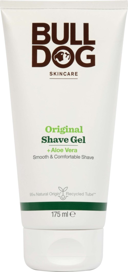 Bull Dog skincare tube with green and brown text, shows it's for shaving with Aloe Vera, 175 ml.
