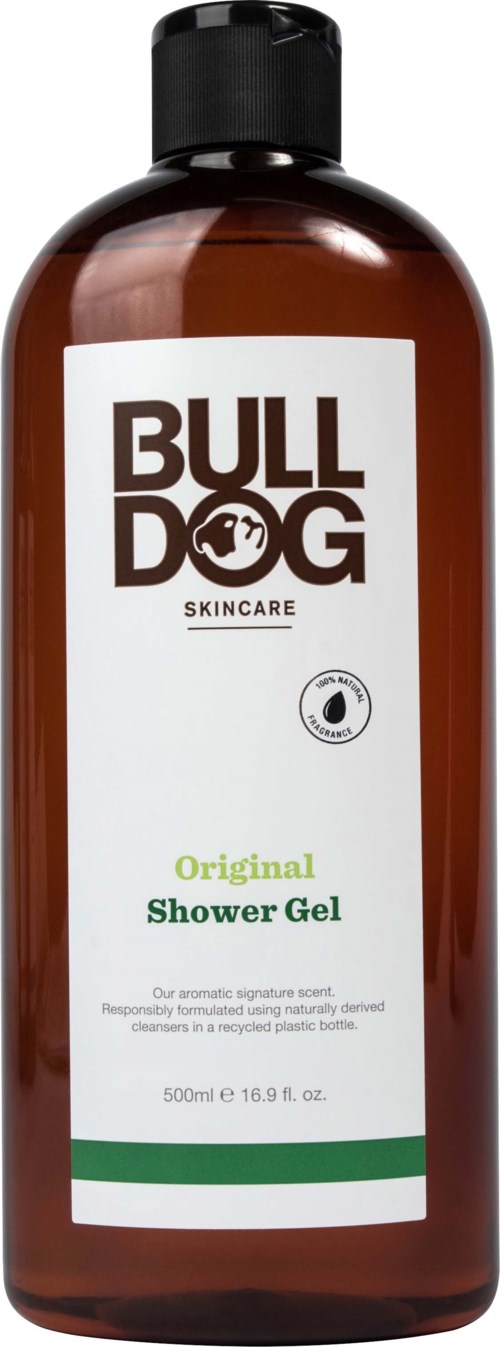 Eine braune Flasche Bulldog Hautpflege Original Duschgel mit schwarzem Deckel und weißem Etikett.