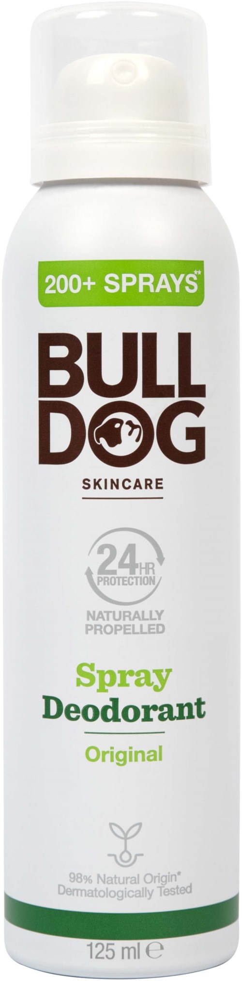 Weißes Spray-Deodorant mit grünen Akzenten und schwarzem Text, bezeichnet als Bulldog Skincare, Spray-Deodorant, Originalduft.