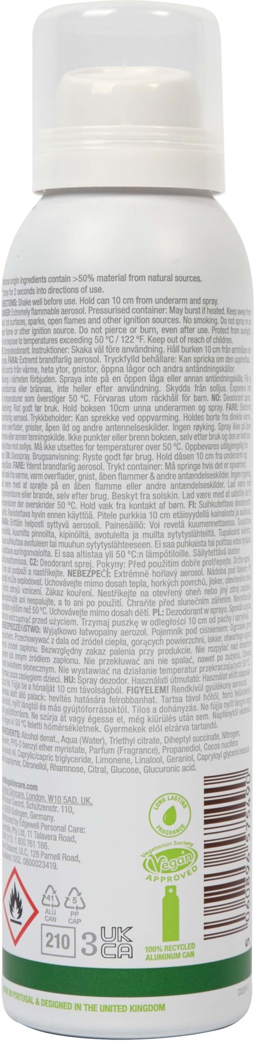 Eine weiße Sprayflasche mit detailliertem Text, Symbolen und Barcodel, wahrscheinlich ein Pflege- oder Reinigungsprodukt.